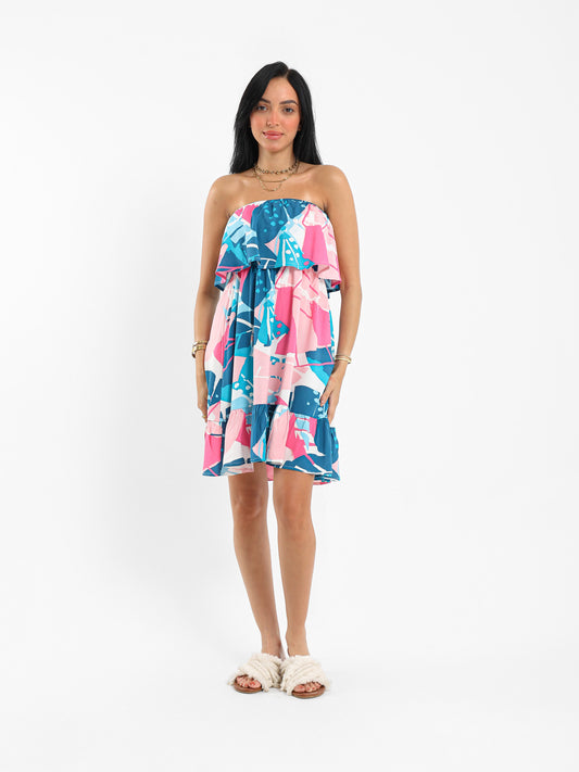 Printed Strapless Ruffled Mini Dress
