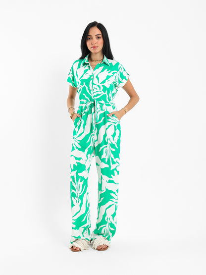 Printed Short-Sleeve Belted Jumpsuit