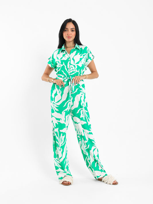 Printed Short-Sleeve Belted Jumpsuit