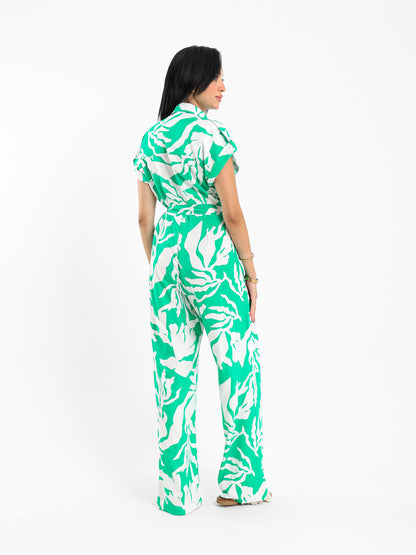 Printed Short-Sleeve Belted Jumpsuit