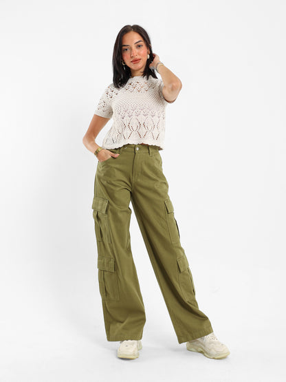 Wide Leg Cargo Gabardine Pants