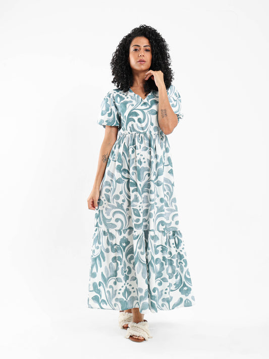 Printed Long Dress with Puff Sleeve
