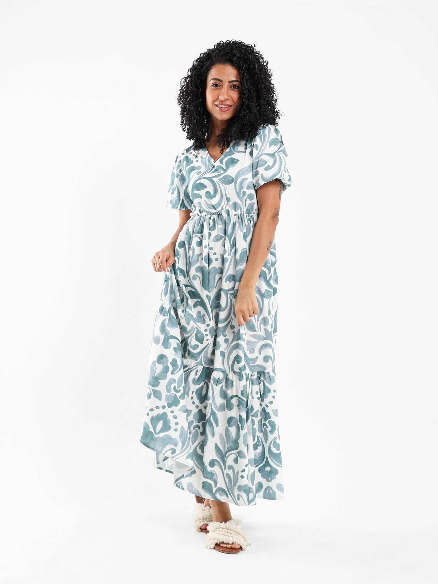 Printed Long Dress with Puff Sleeve