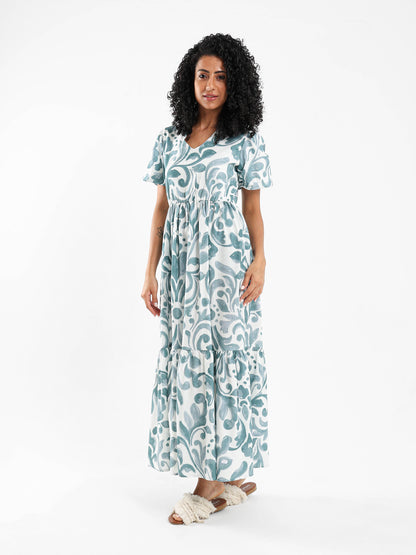 Printed Long Dress with Puff Sleeve