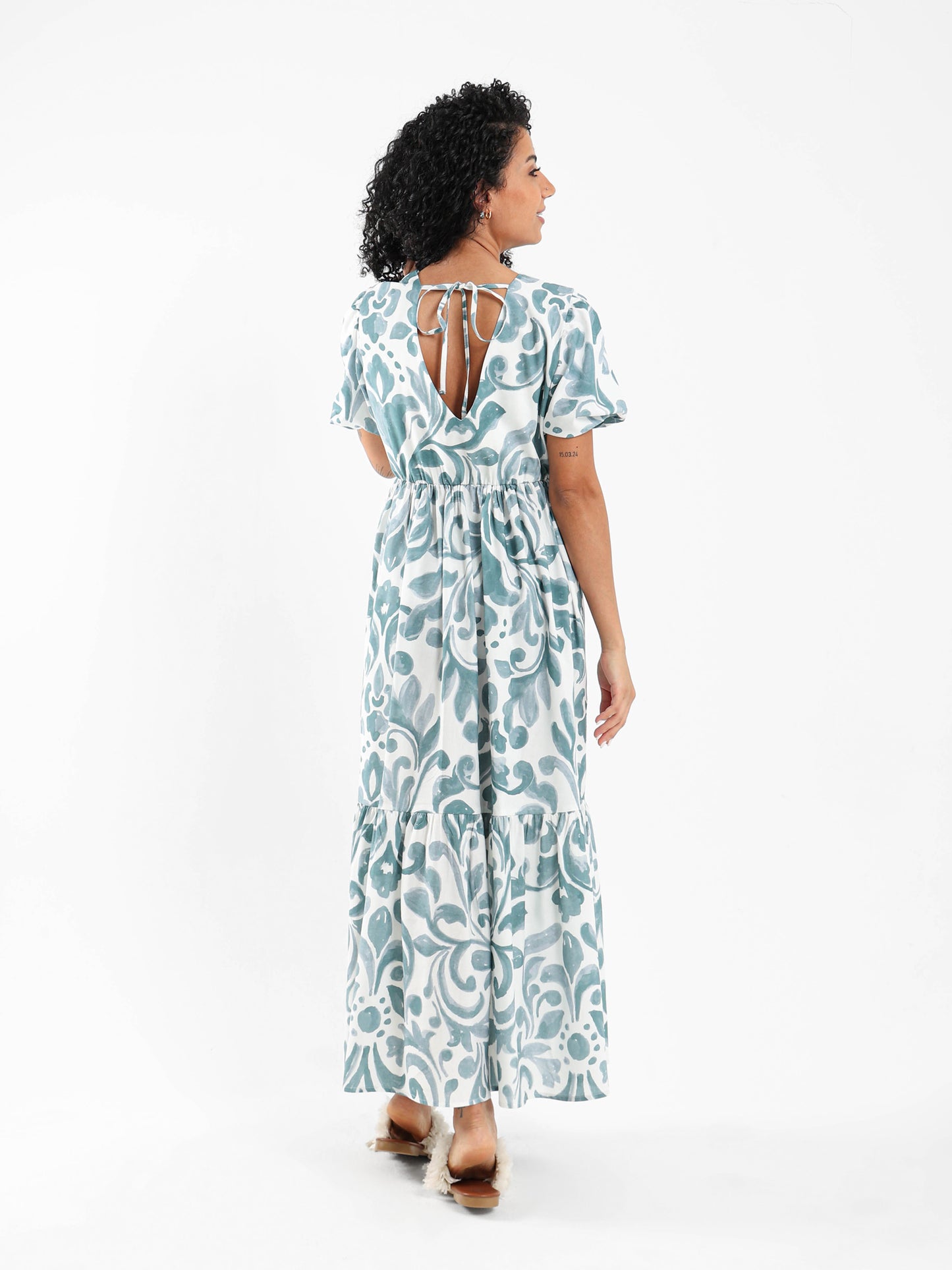 Printed Long Dress with Puff Sleeve