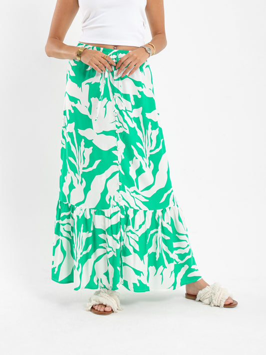 Printed Button-Front Tiered Maxi Skirt