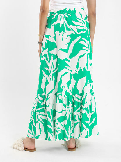 Printed Button-Front Tiered Maxi Skirt