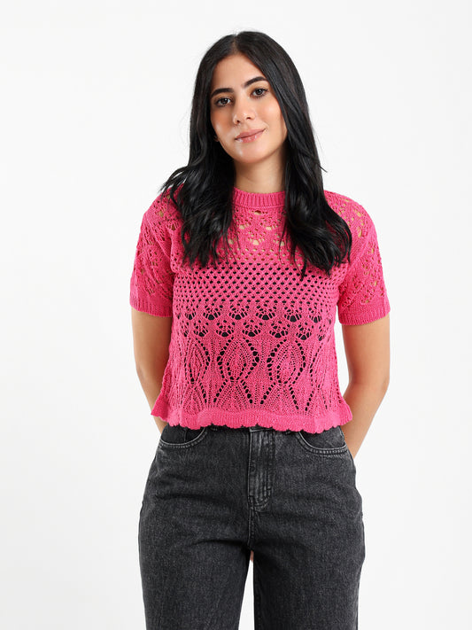Short Sleeve Crochet Knit Top