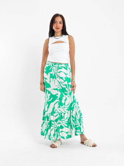 Printed Button-Front Tiered Maxi Skirt