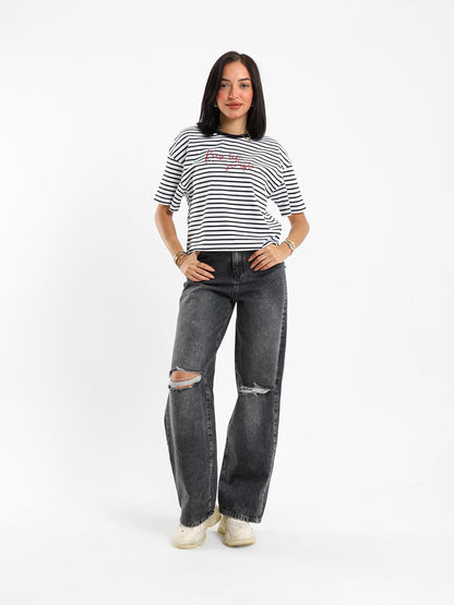 Striped Graphic Embroidered T-shirt