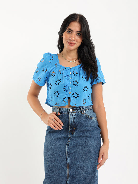 Perforated Embroidery Cropped Blouse