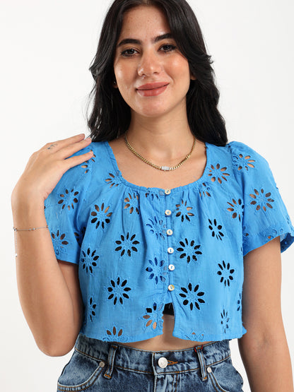 Perforated Embroidery Cropped Blouse