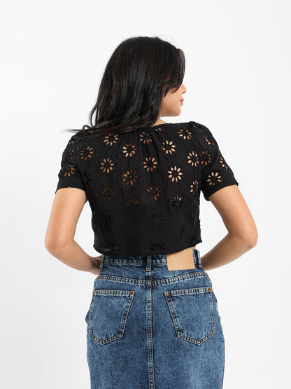 Perforated Embroidery Cropped Blouse
