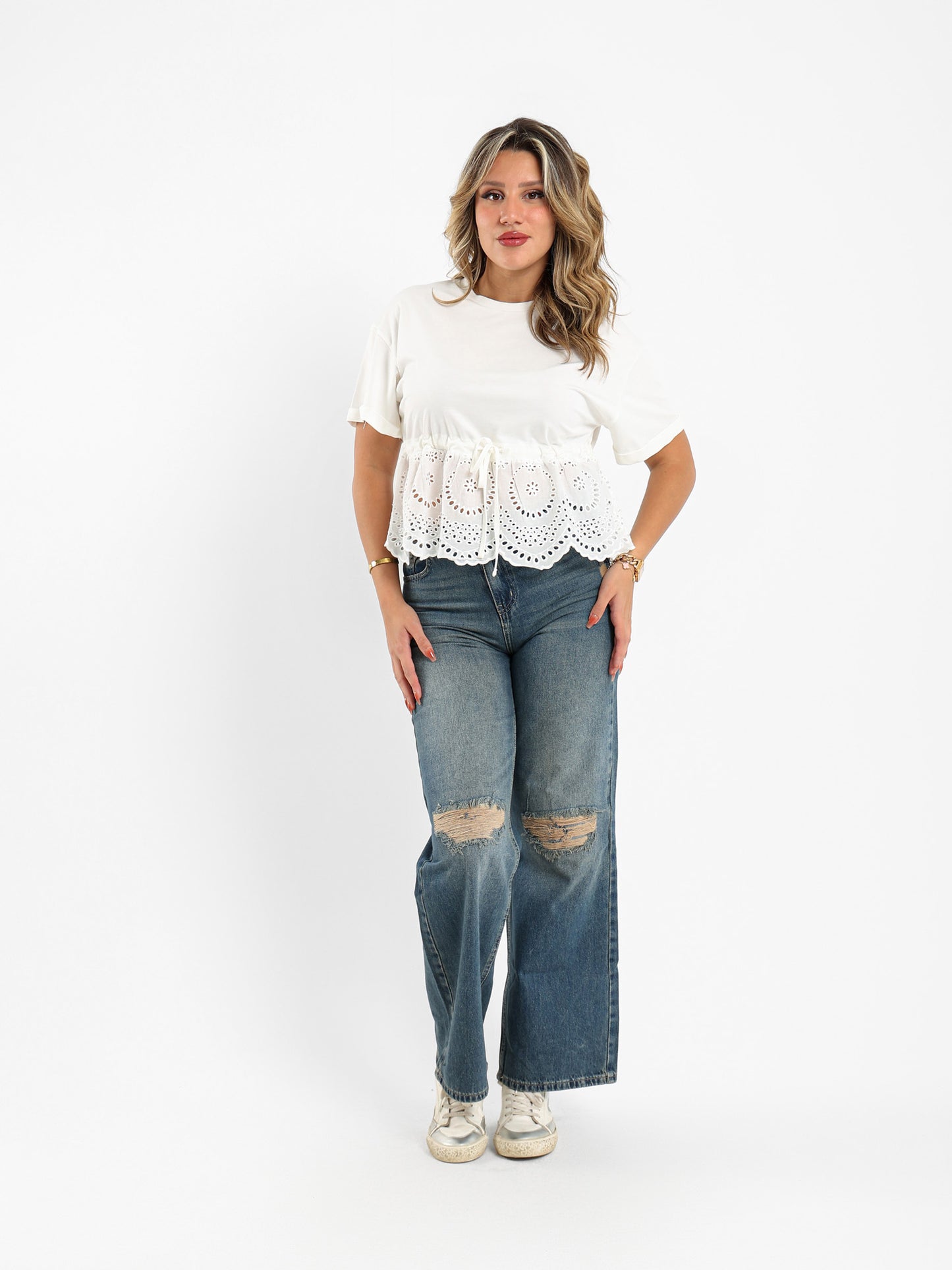 Blouse With Sangallo On Hem