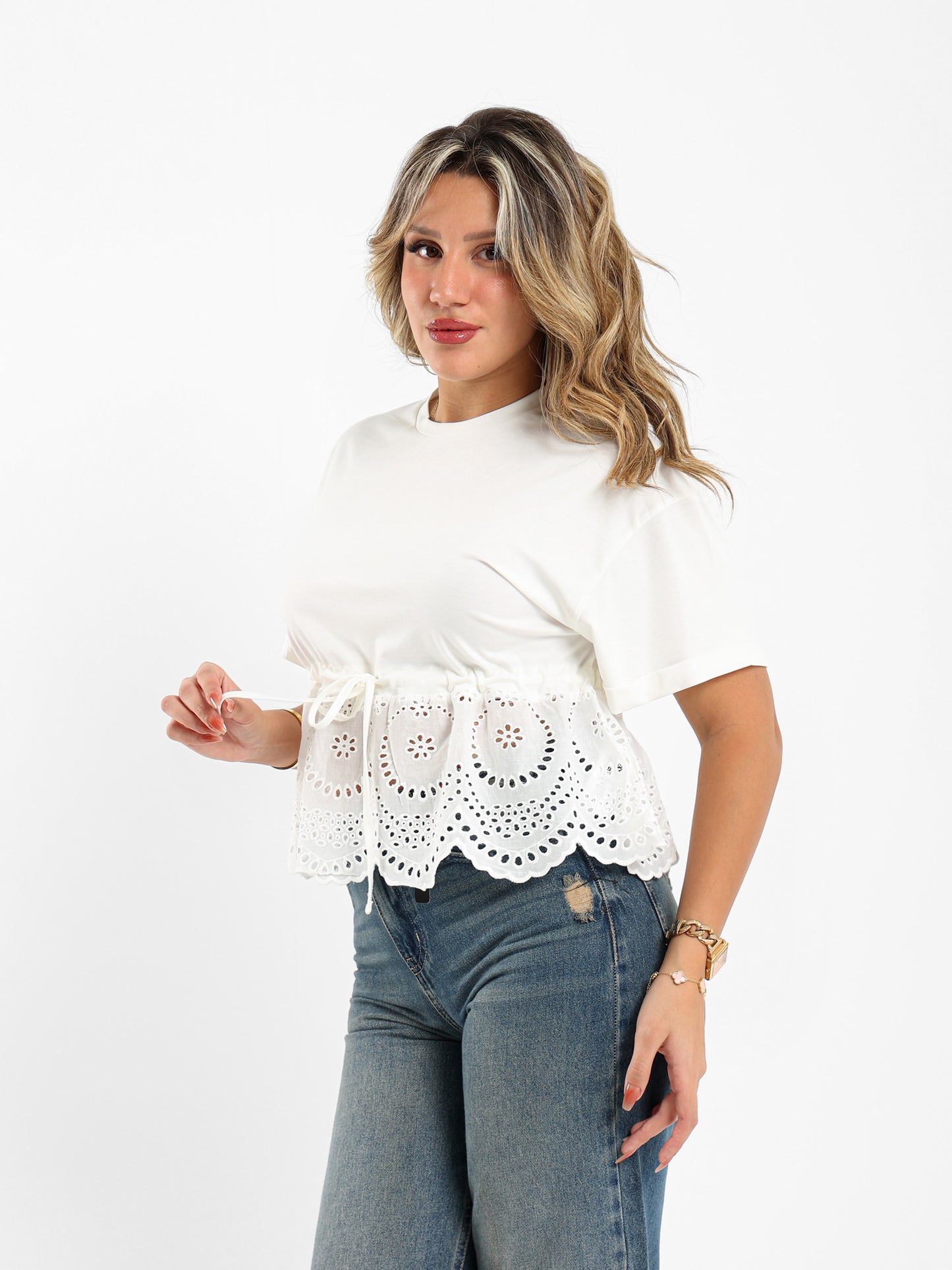 Blouse With Sangallo On Hem