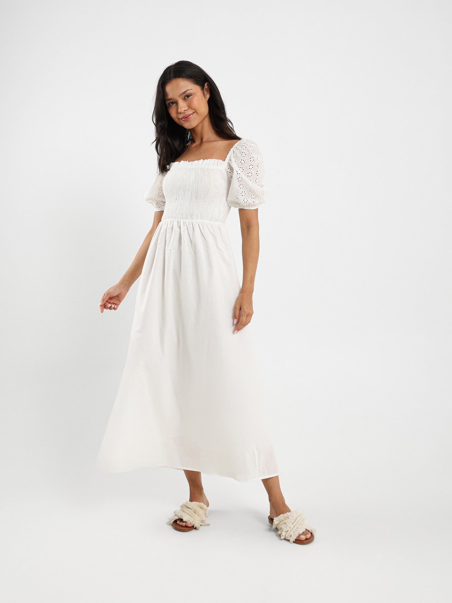 Midi Dress With Puffed Sangallo Sleeves