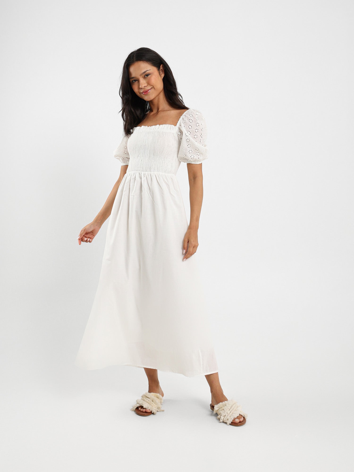 Midi Dress With Puffed Sangallo Sleeves