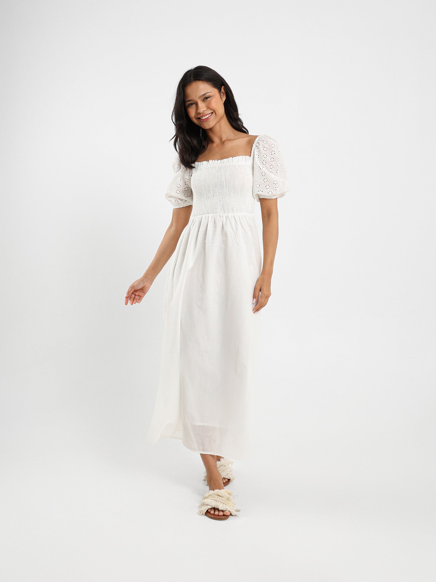 Midi Dress With Puffed Sangallo Sleeves