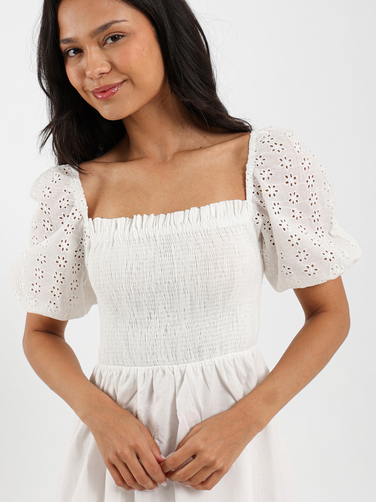 Midi Dress With Puffed Sangallo Sleeves