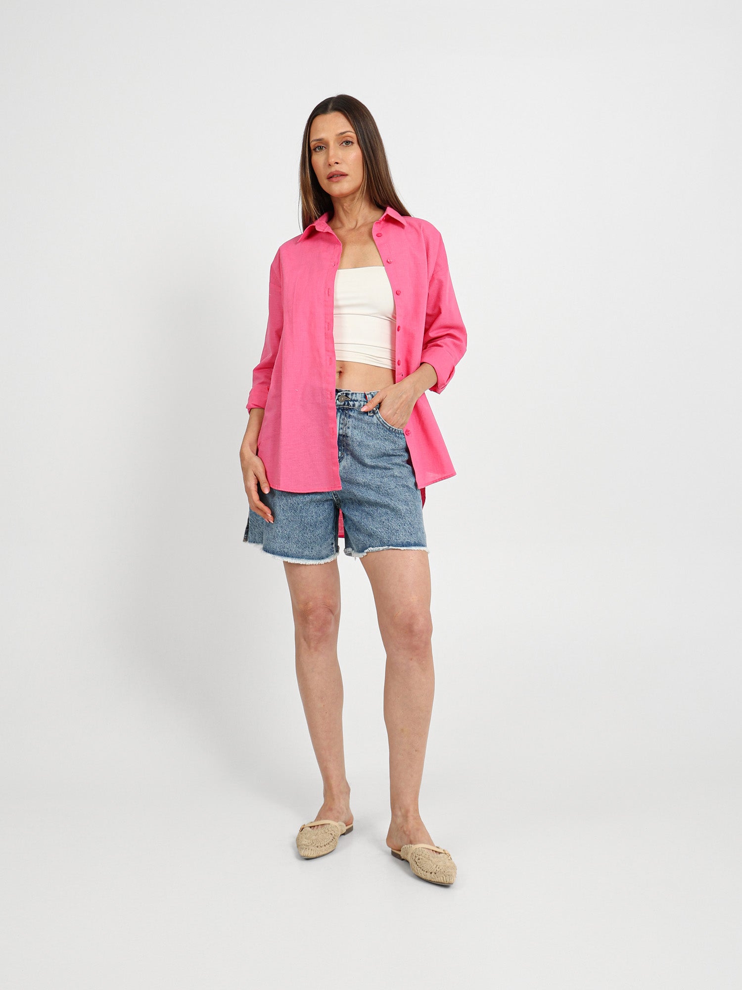 High-Waist Ripped Denim Shorts with Slit
