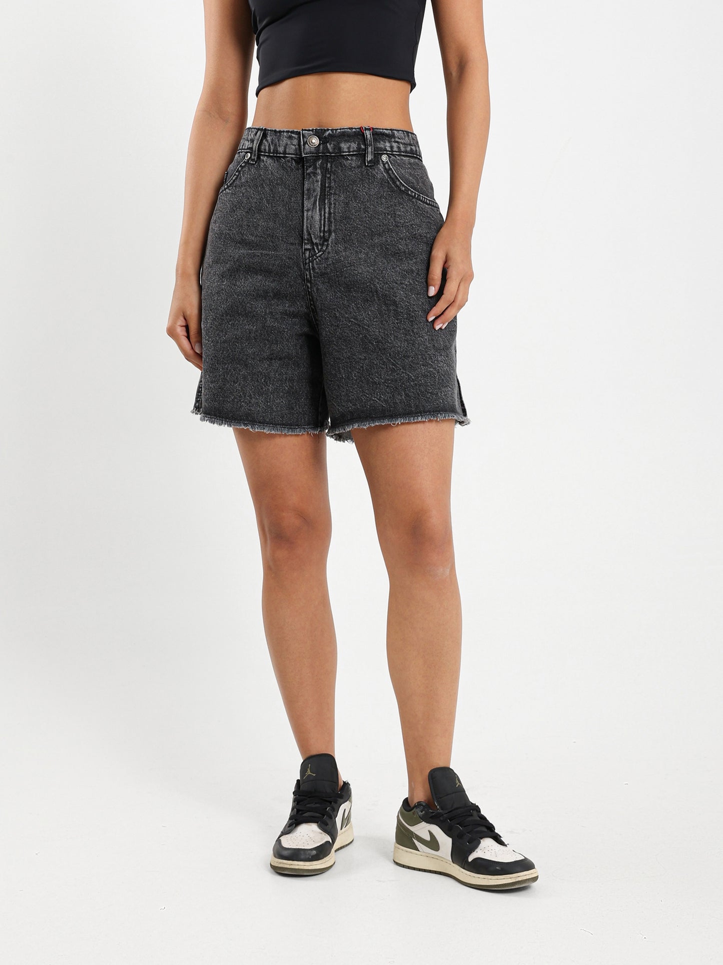 High-Waist Ripped Denim Shorts with Slit