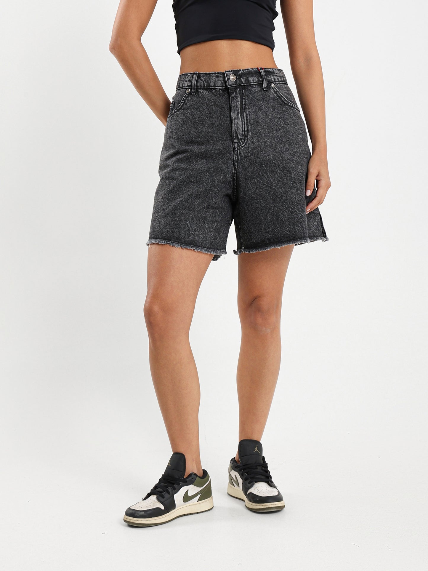 High-Waist Ripped Denim Shorts with Slit