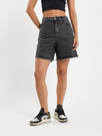High-Waist Ripped Denim Shorts with Slit