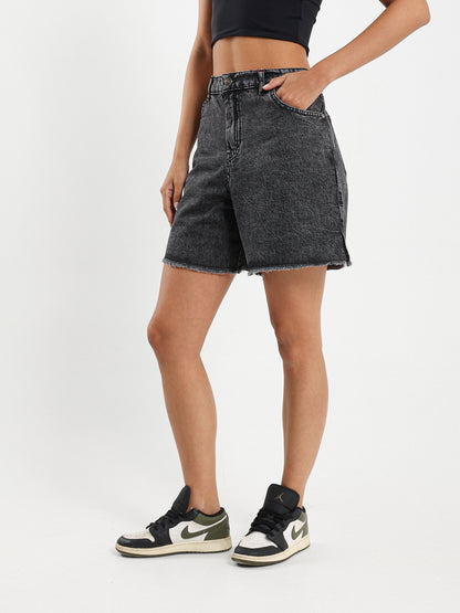 High-Waist Ripped Denim Shorts with Slit