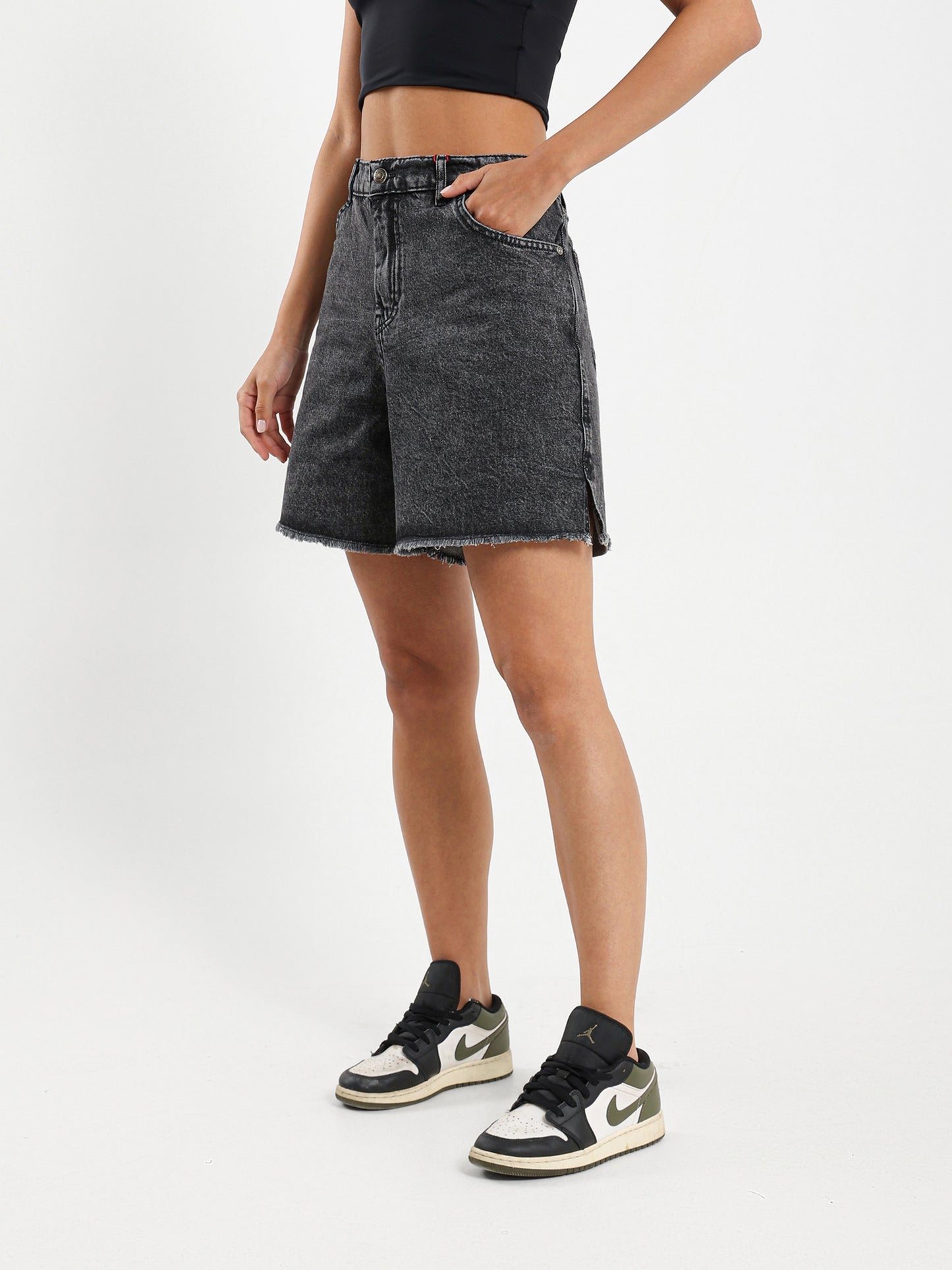 High-Waist Ripped Denim Shorts with Slit