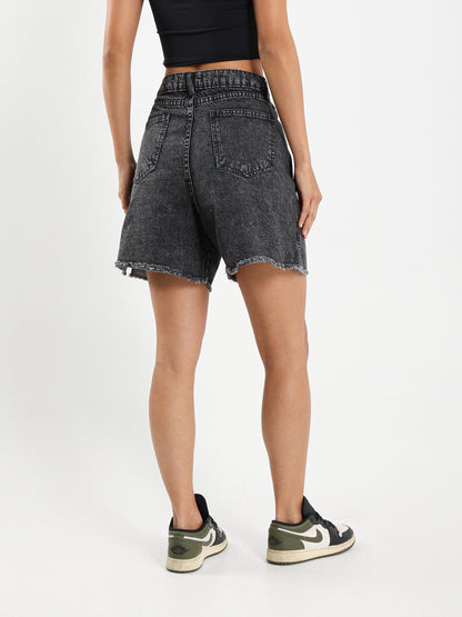 High-Waist Ripped Denim Shorts with Slit