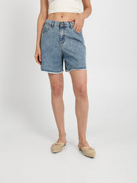 High-Waist Ripped Denim Shorts with Slit