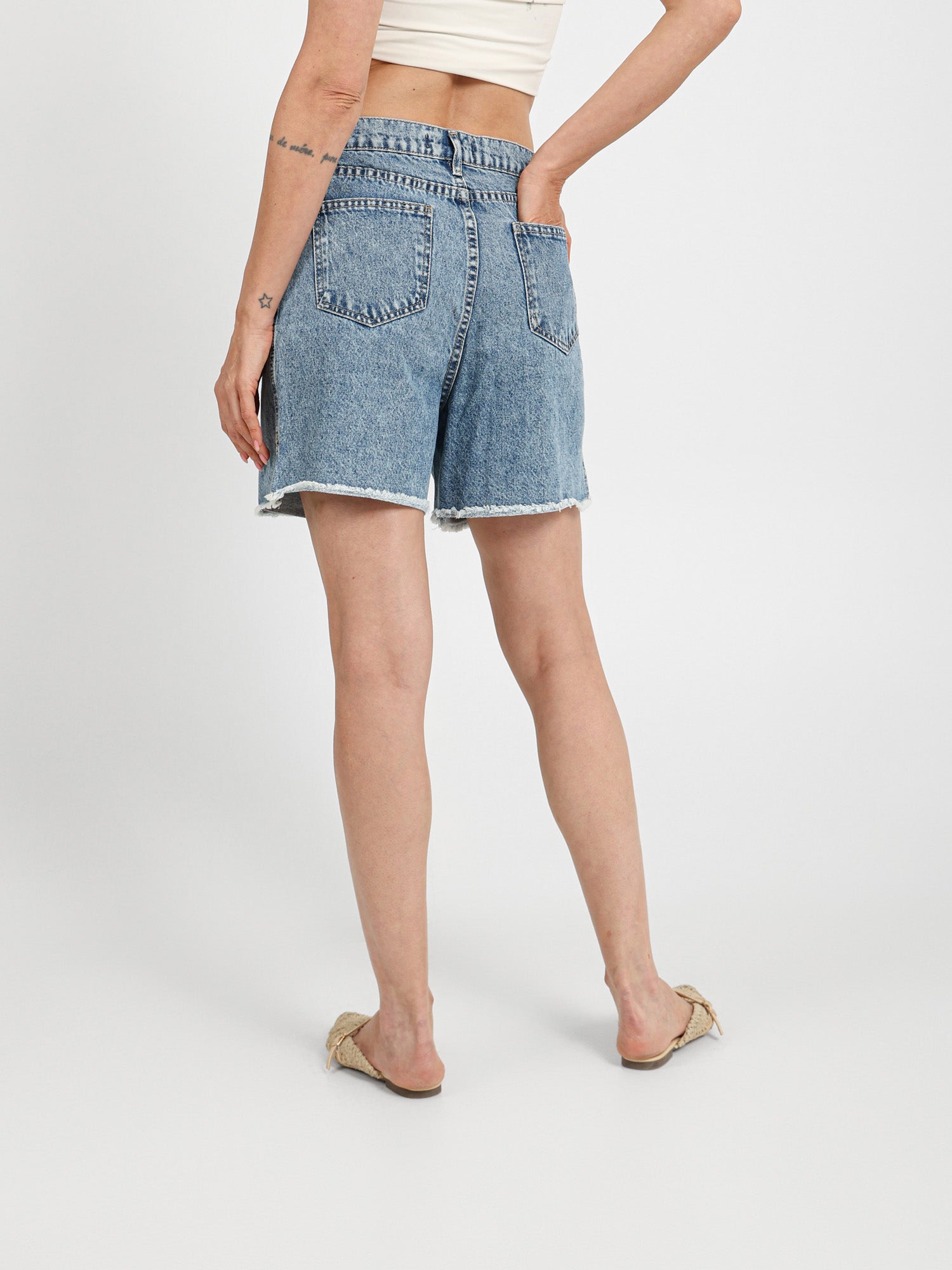 High-Waist Ripped Denim Shorts with Slit