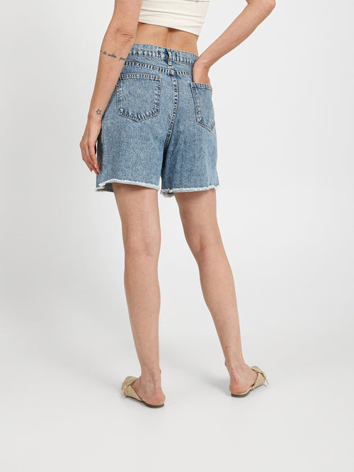 High-Waist Ripped Denim Shorts with Slit