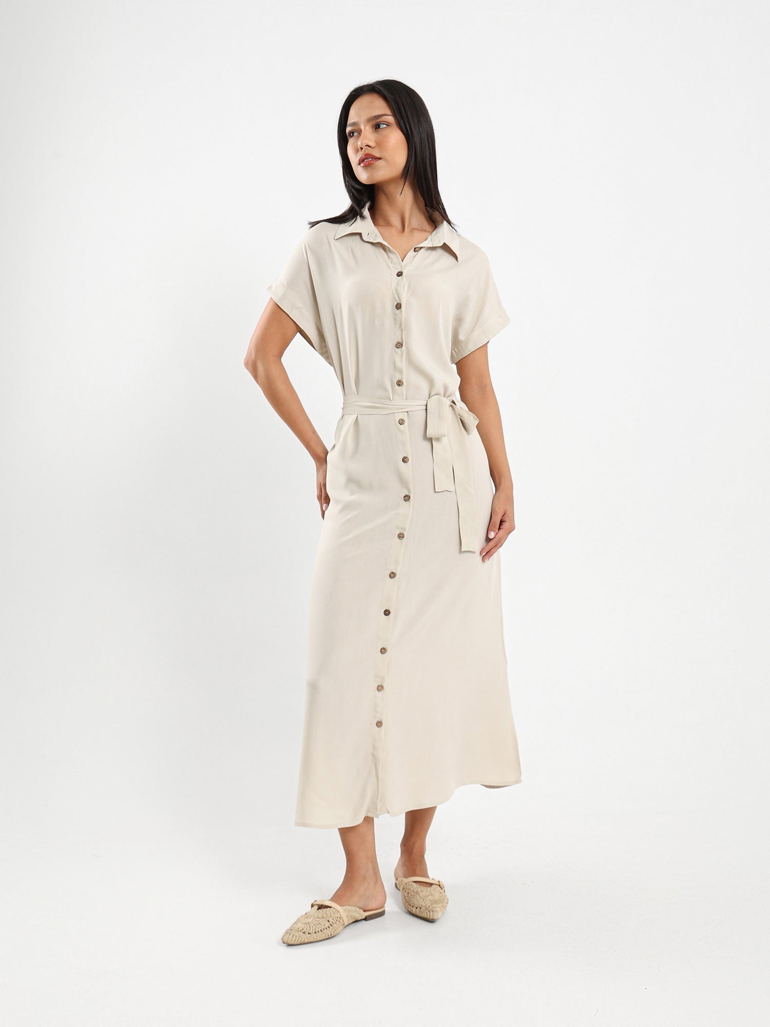 Belted Half-Sleeve Shirt Dress