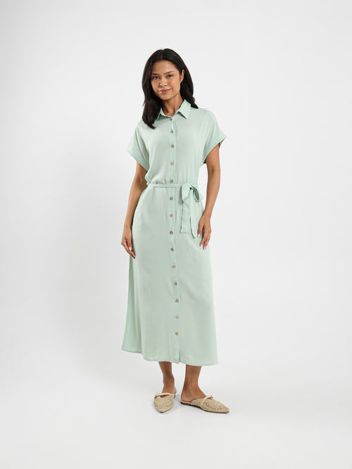 Belted Half-Sleeve Shirt Dress