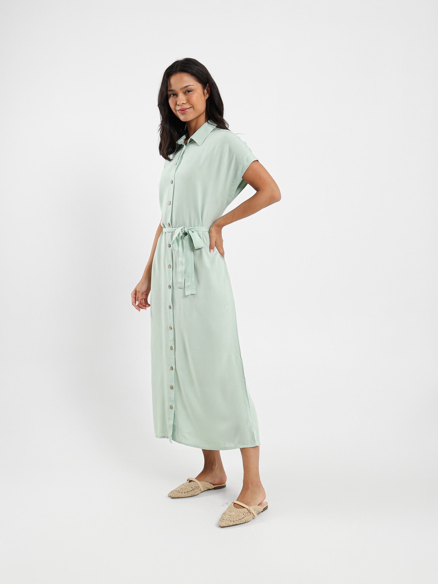 Belted Half-Sleeve Shirt Dress