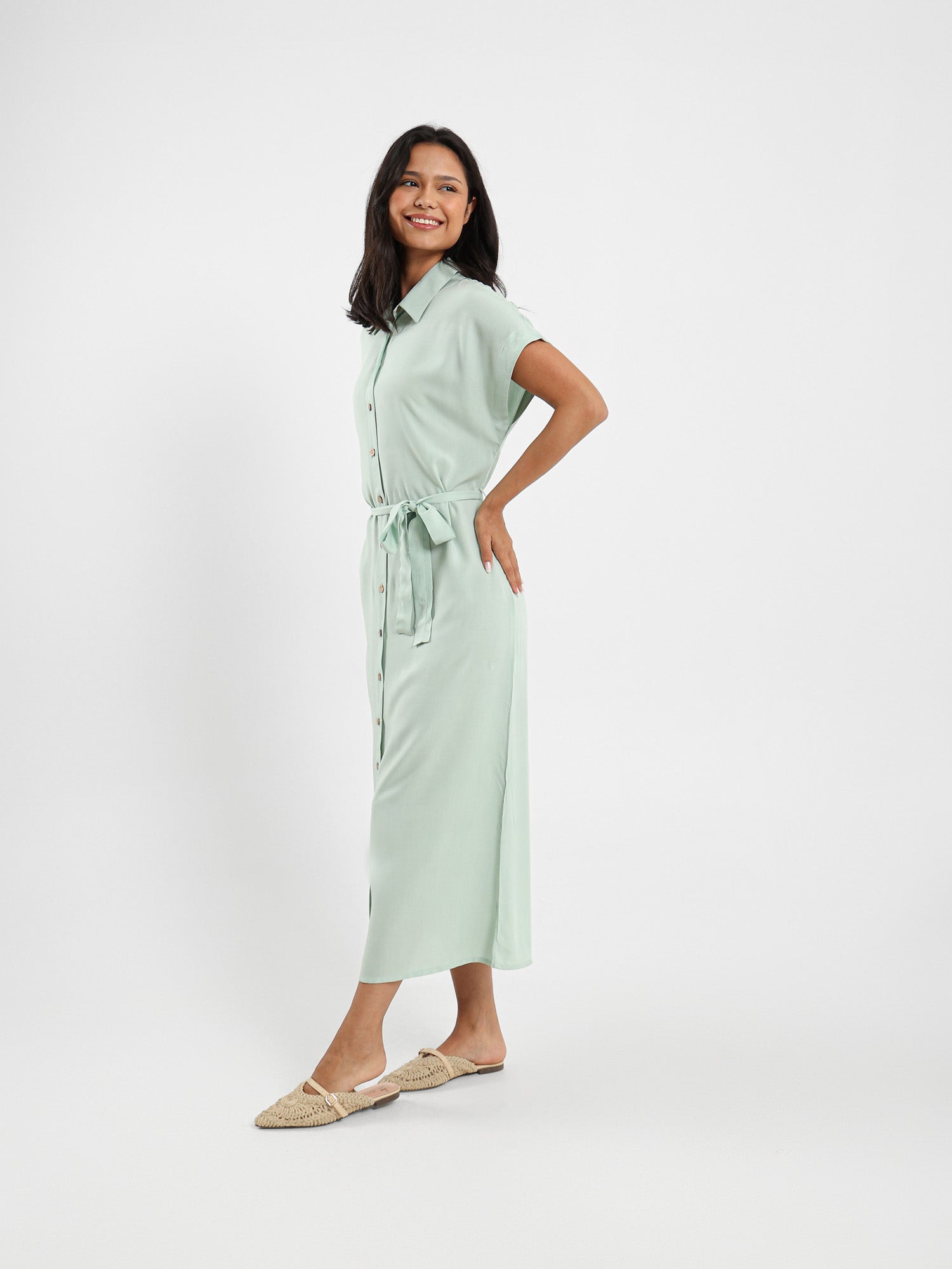 Belted Half-Sleeve Shirt Dress