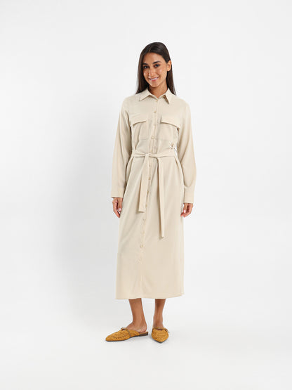 Midi Belted Long Sleeve Shirt Dress