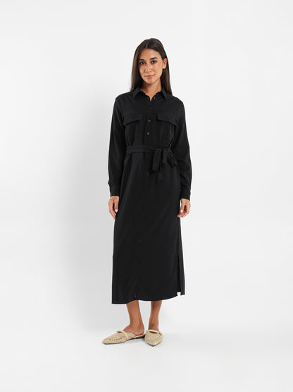 Midi Belted Long Sleeve Shirt Dress