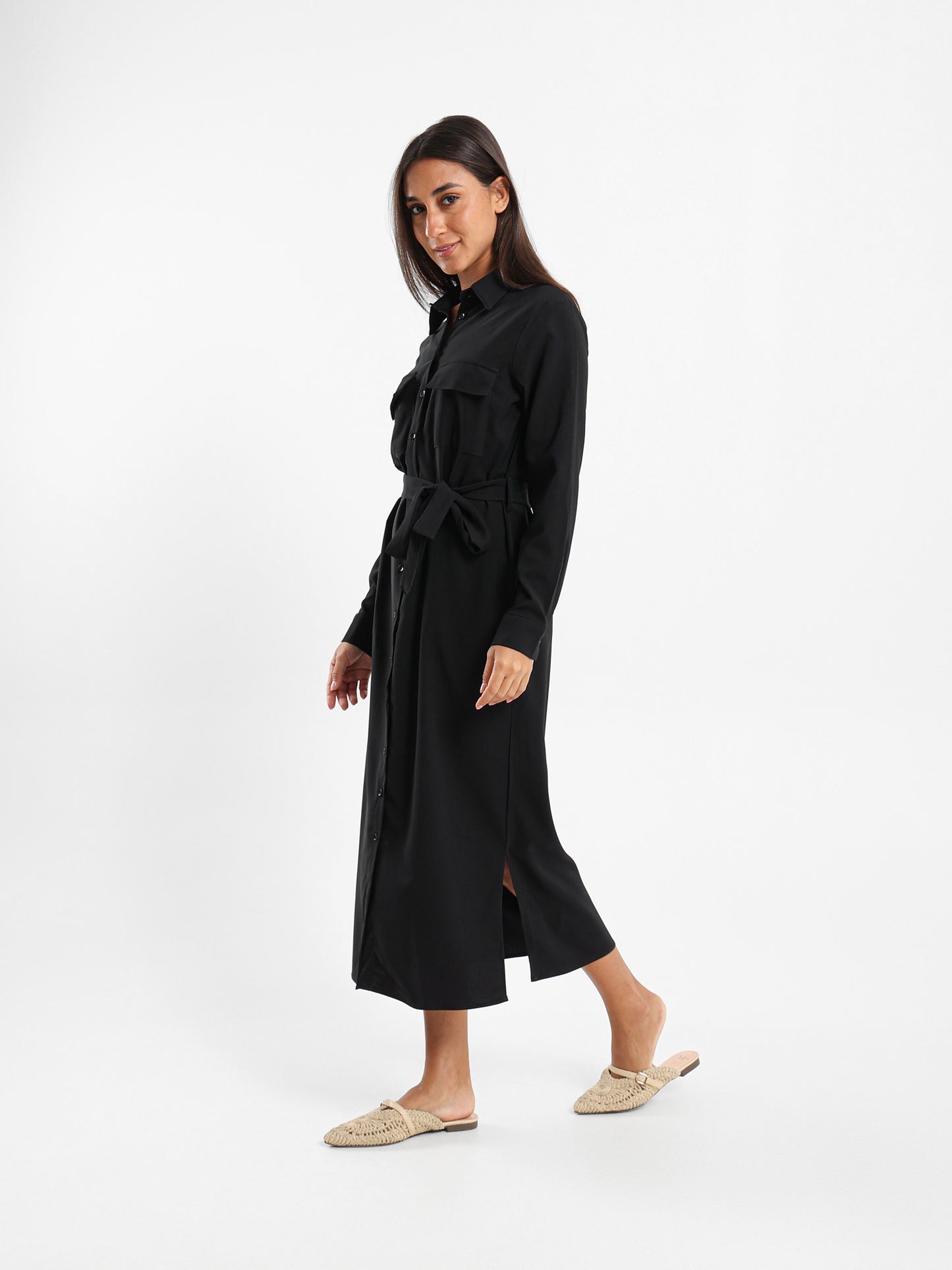 Midi Belted Long Sleeve Shirt Dress
