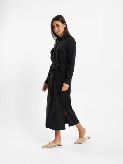 Midi Belted Long Sleeve Shirt Dress