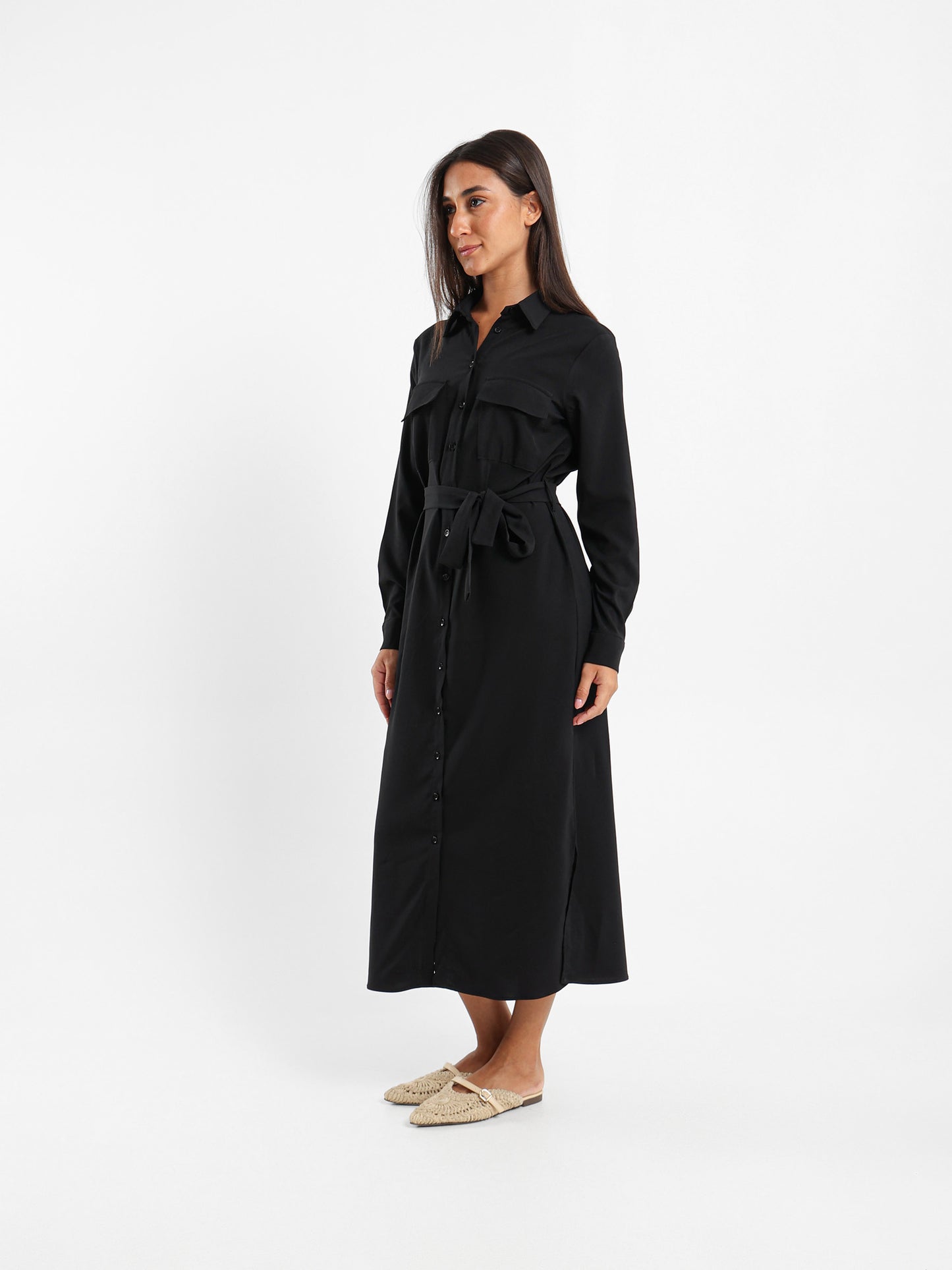 Midi Belted Long Sleeve Shirt Dress