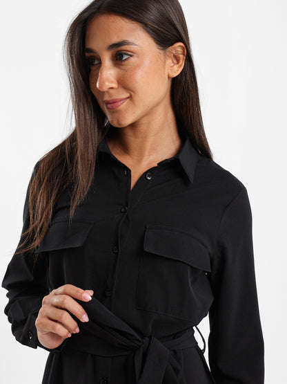 Midi Belted Long Sleeve Shirt Dress