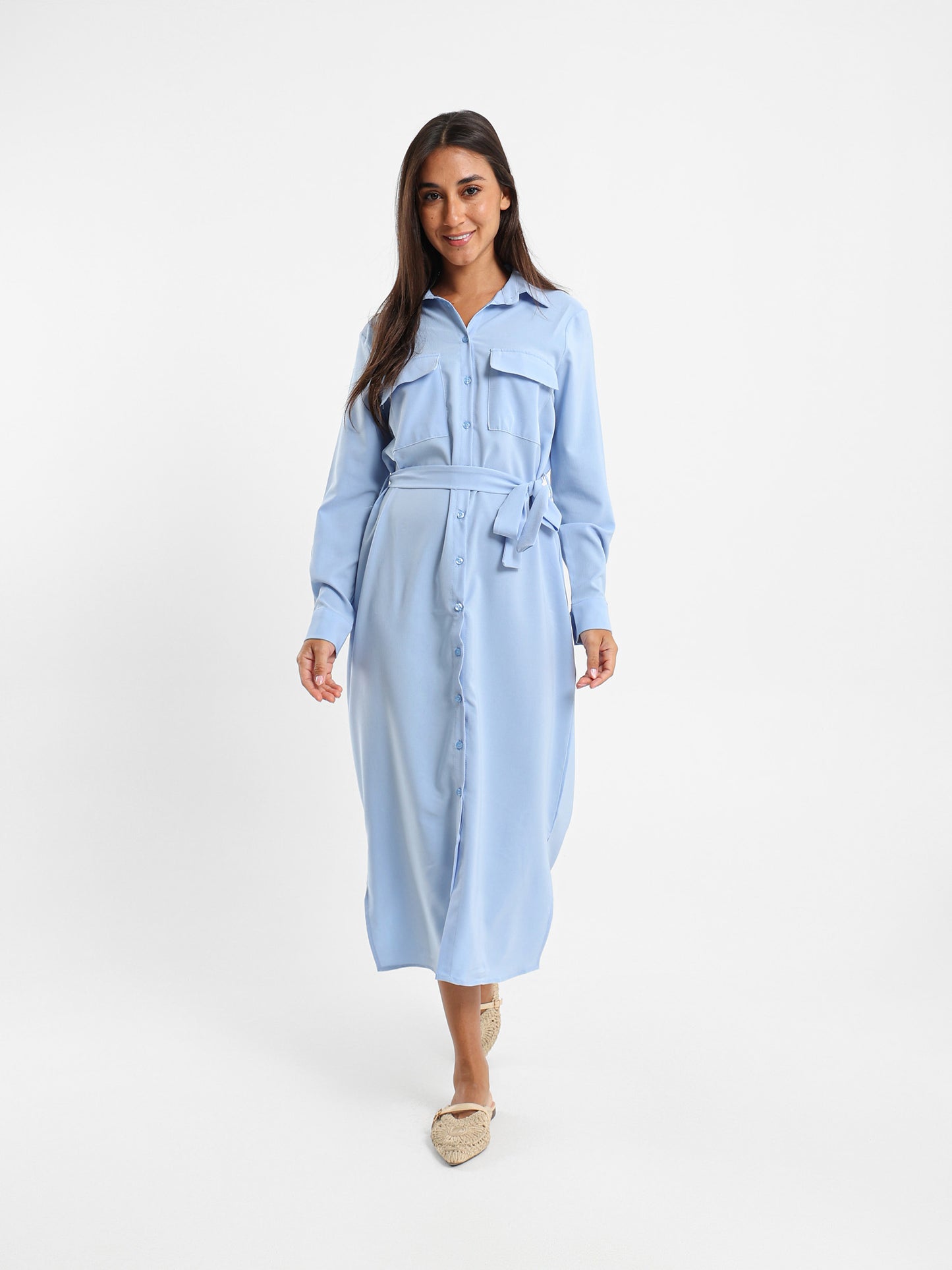 Midi Belted Long Sleeve Shirt Dress
