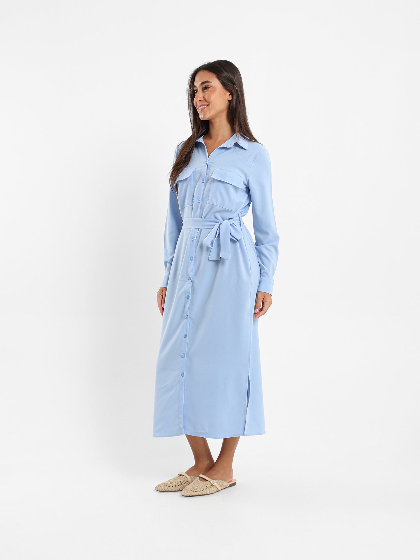 Midi Belted Long Sleeve Shirt Dress