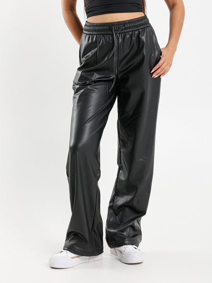 Drawstring Wide Leg Leather Pants