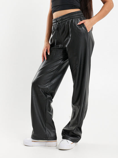 Drawstring Wide Leg Leather Pants