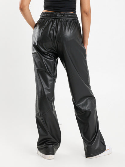 Drawstring Wide Leg Leather Pants