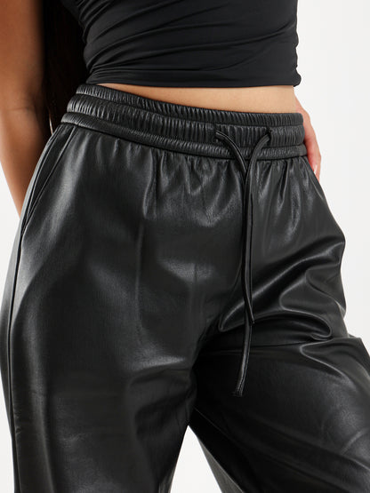 Drawstring Wide Leg Leather Pants
