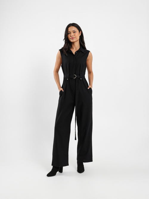 Sleeveless Belted Linen Jumpsuit